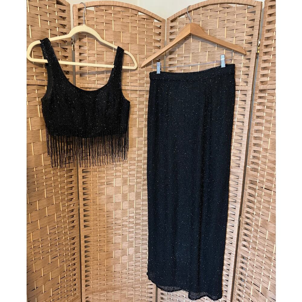 VTG Sean Collection 2 Pc Sequin Maxi Skirt/Cropped Tasseled Tank Top Black, MED